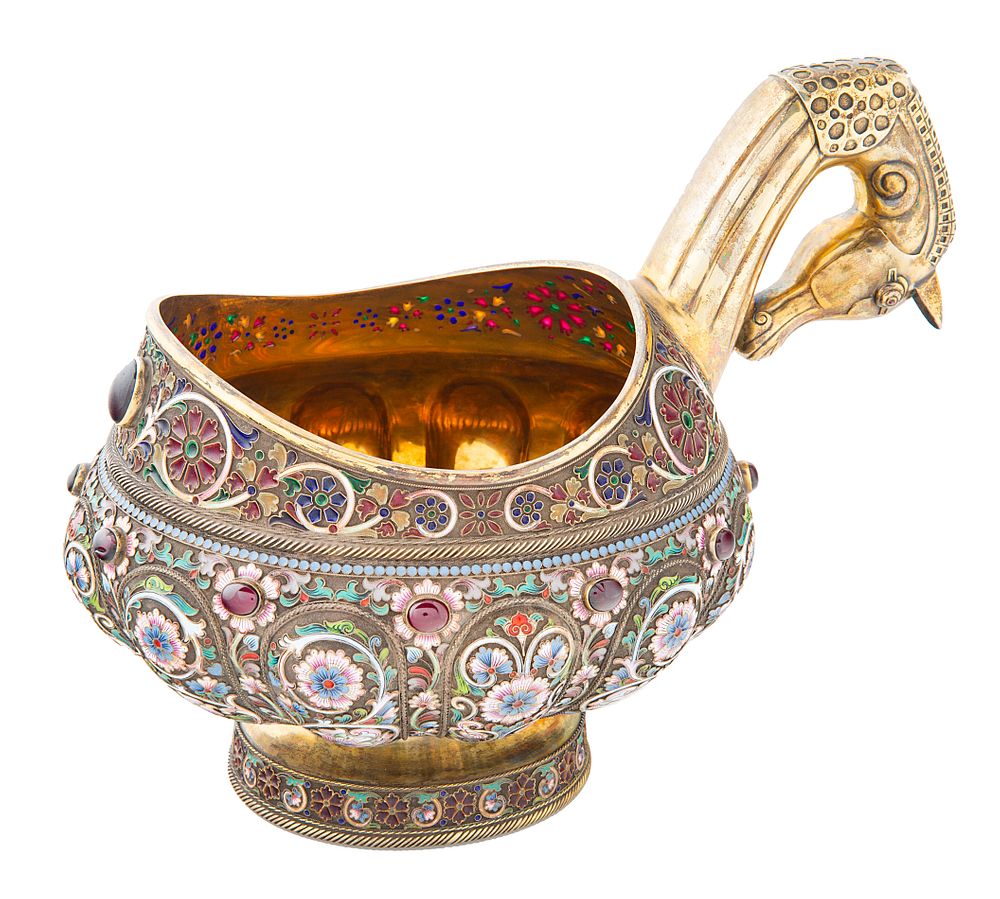 Appraisal: A RUSSIAN FABERGE-STYLE SILVER AND SHADED CLOISONNE ENAMEL KOVSH LATE