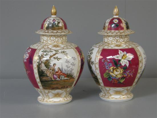 Appraisal: Pair of late Dresden puce ground vases and covers with