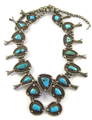 Appraisal: NAVAJO ZUNI HAND MADE SILVER AND TURQUOISE SQUASH BLOSSOM NECKLACE