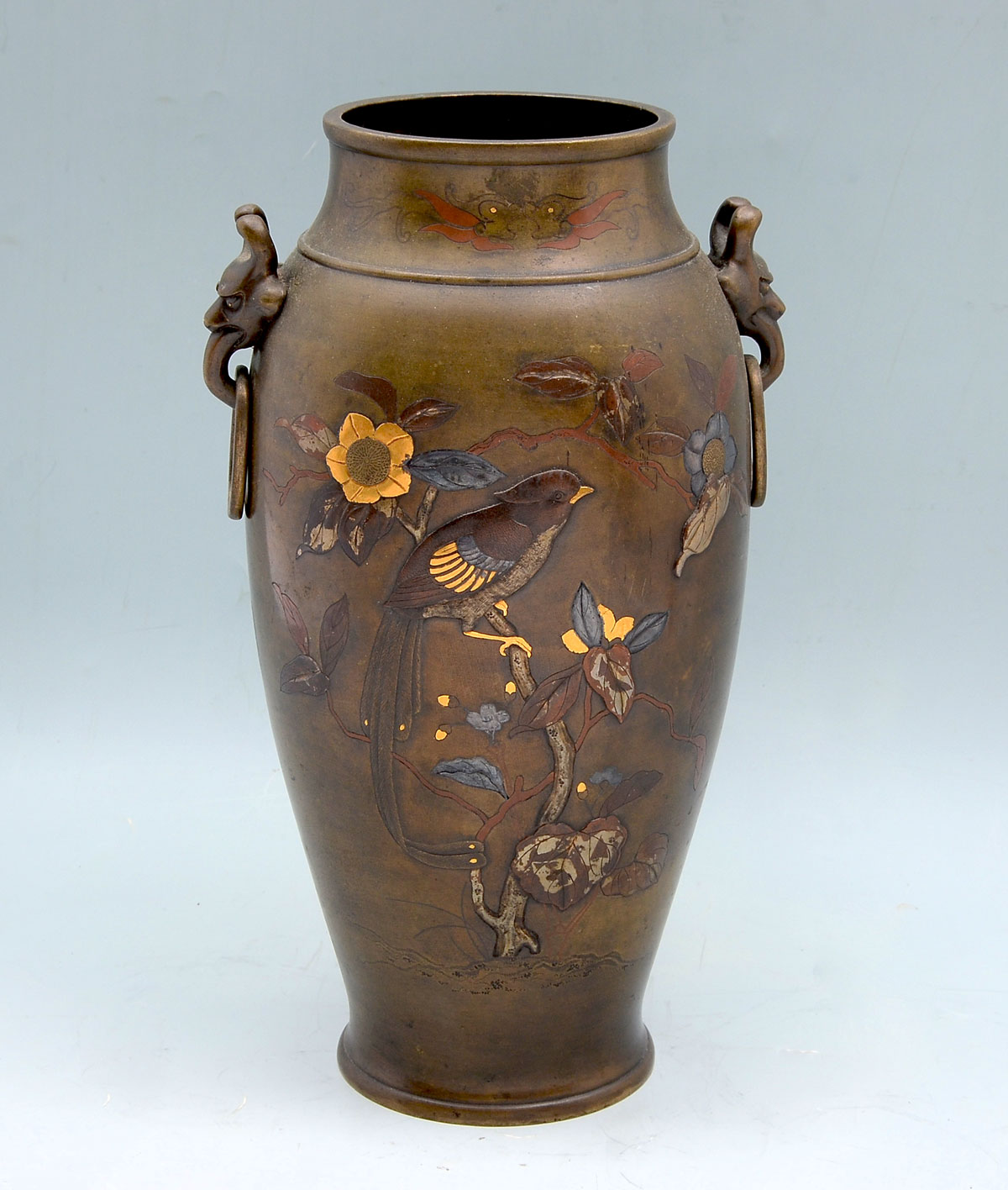 Appraisal: JAPANESE BRONZE GOLD SILVER COPPER OVERLAID VASE Japanese bronze vase