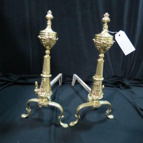 Appraisal: Brass Andirons leaf column decor paw feet