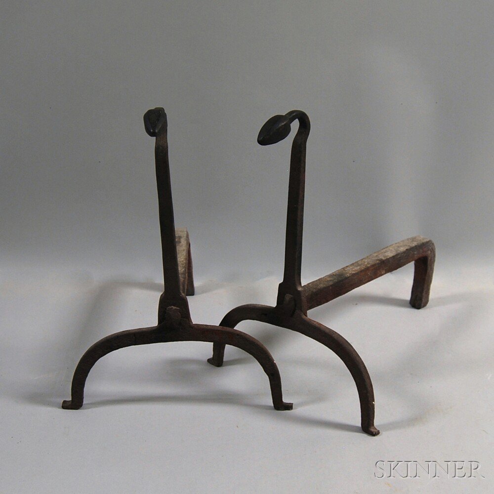 Appraisal: Pair of Wrought Iron Gooseneck Andirons th century ht in