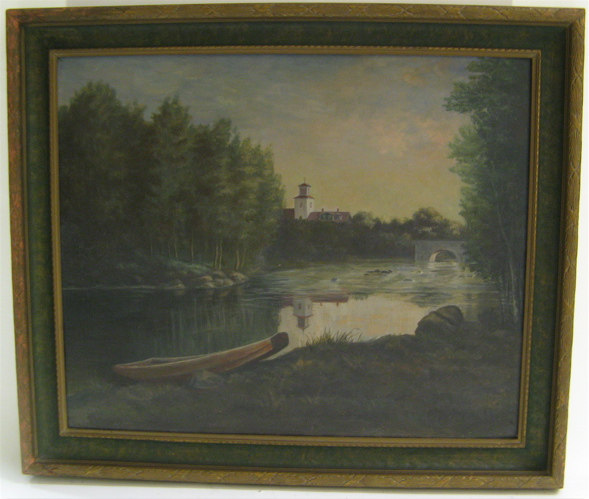 Appraisal: CONTINENTAL SCHOOL oil on canvas Landscape with stream and church