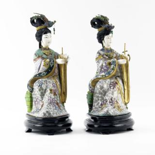 Appraisal: Pair of th Century Japanese Cloisonn Geisha Figurines on Wooden