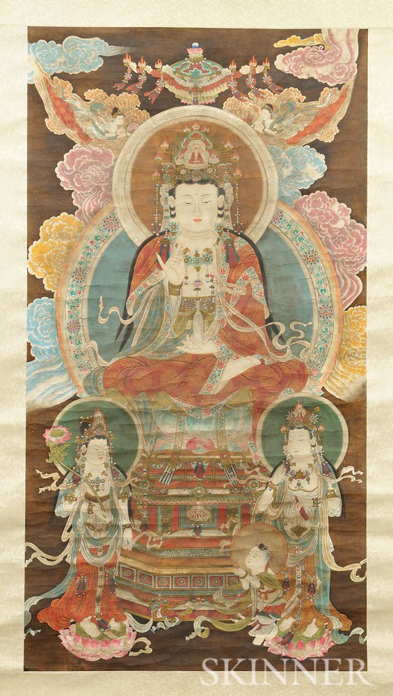 Appraisal: Buddhist Hanging Scroll Depicting Three Bodhisattvas China with Avalokitesvara in