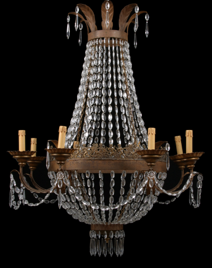 Appraisal: Large French Wrought-Iron and Bronze-Patinated Brass Eight-Light Chandelier of bag