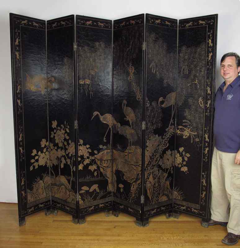 Appraisal: PANEL CHINESE FOLDING SCREEN Sandhill cranes and Juniper trees on