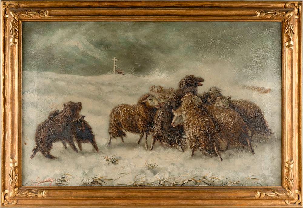 Appraisal: SERGE SAUVAGE TH CENTURY WINTER LANDSCAPE WITH SHEEPoil on canvas