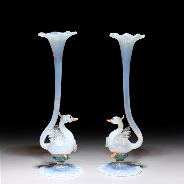 Appraisal: Pair antique th century Venetian hand-blown dove vases resting atop