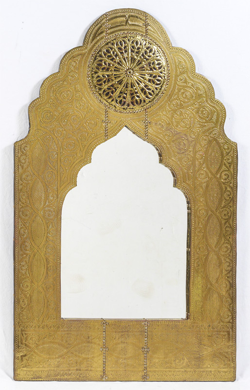 Appraisal: MOROCCAN EMBOSSED BRASS FRAME WALL MIRROR Contemporary shaped frame with