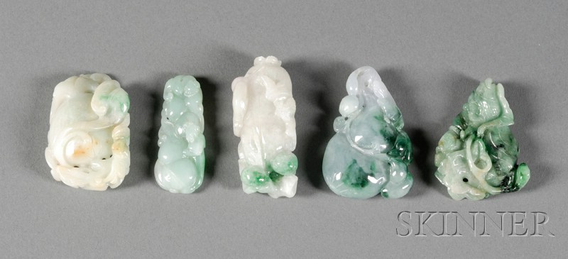 Appraisal: Five Jade Pendants green with bright markings carving of melons