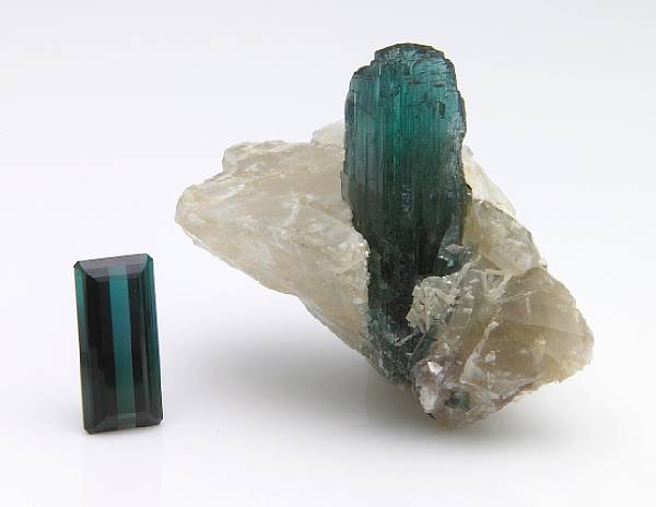 Appraisal: Blue-green Tourmaline Rough and Cut Brazil A classic thumbnail specimen