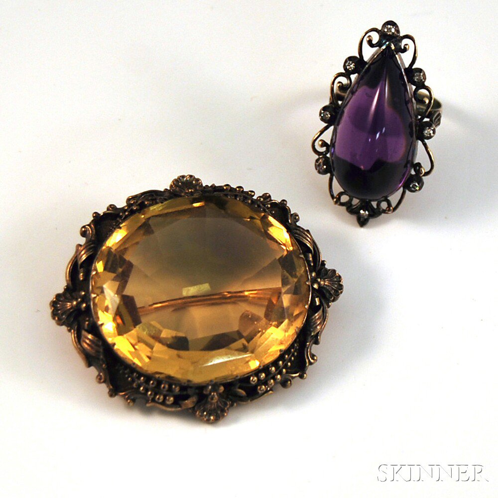 Appraisal: Two Large kt Gold and Gemstone Jewelry Items a citrine