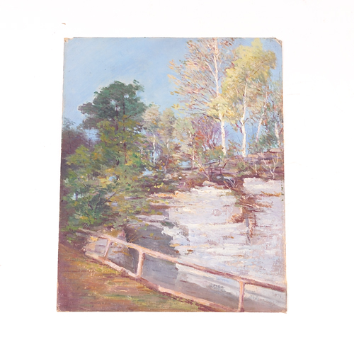 Appraisal: American Impressionist th c Bridge Across Stream oil on canvas