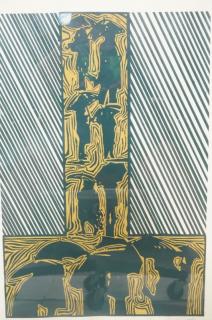 Appraisal: PERLMUTTER Signed Graphic Modernist Print Black Gold People with umbrellas