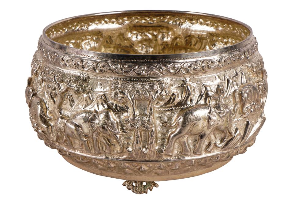 Appraisal: BURMESE SILVER REPOUSSE BOWLmarked to underside the circular bulbous body