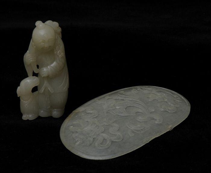 Appraisal: CHINESE PALE CELADON JADE CARVING OF A BOY WITH DEER