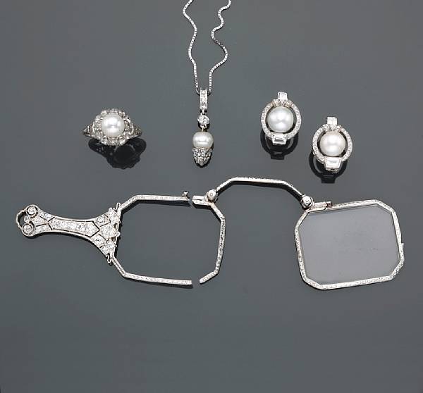 Appraisal: A collection of cultured pearl and diamond jewelry together with