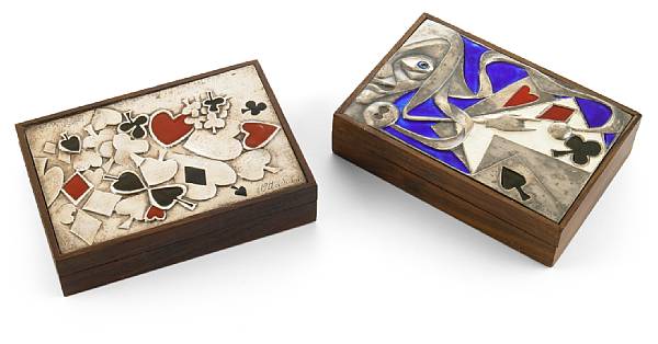 Appraisal: Two Ottaviani enameled silver and rosewood card boxes s the