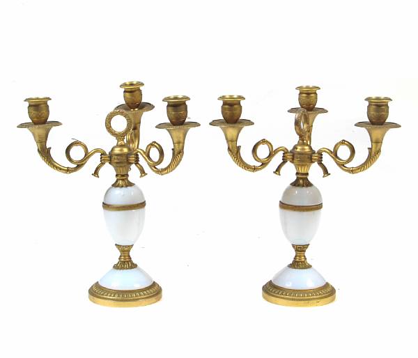 Appraisal: A pair of gilt bronze and opaline three light candelabra