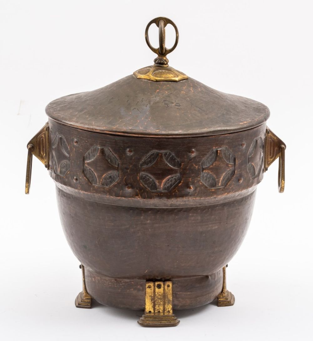 Appraisal: SECESSIONIST HAMMERED BRASS COVERED URN Secessionist Jugendstil lidded two-handled urn