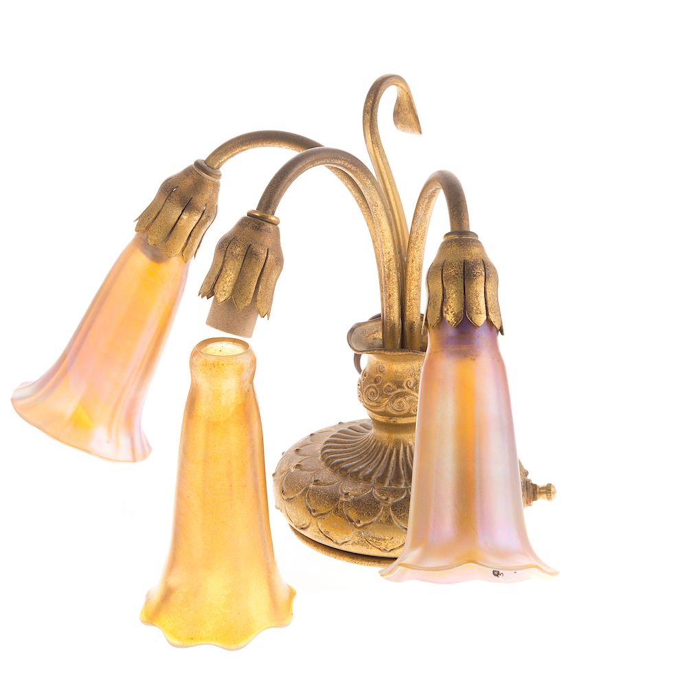 Appraisal: Tiffany Gilt Bronze Three Light Lily Lamp early th century