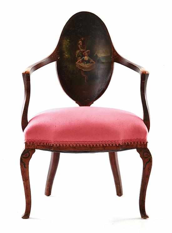 Appraisal: Louis XV style paint-decorated fruitwood armchair late th century oval