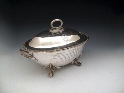 Appraisal: A Victorian silver presentation two-handled soup tureen and cover by