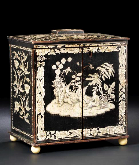 Appraisal: Good English Black-and-White Penwork Jewel Cabinet in the chinoiserie style