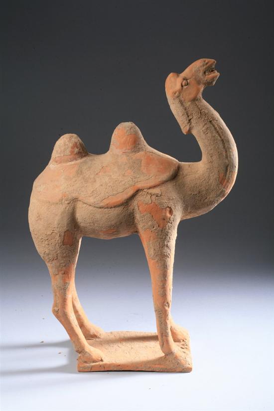 Appraisal: CHINESE POTTERY FIGURE OF CAMEL Tang Dynasty Standing on rectangular