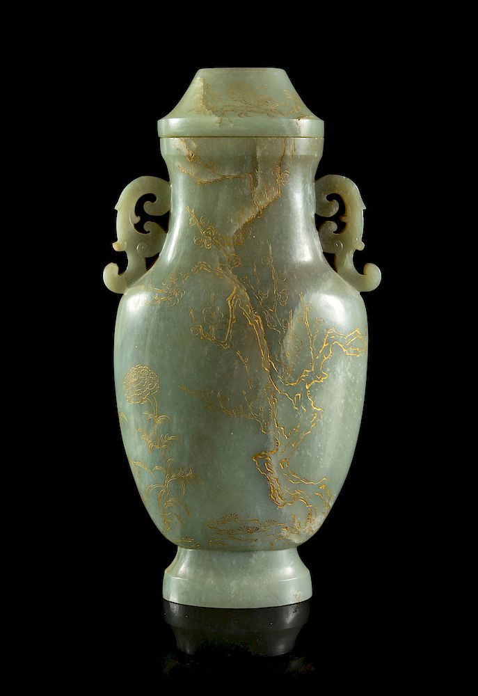 Appraisal: A Large Celadon Jade Covered Vase Height in cm A