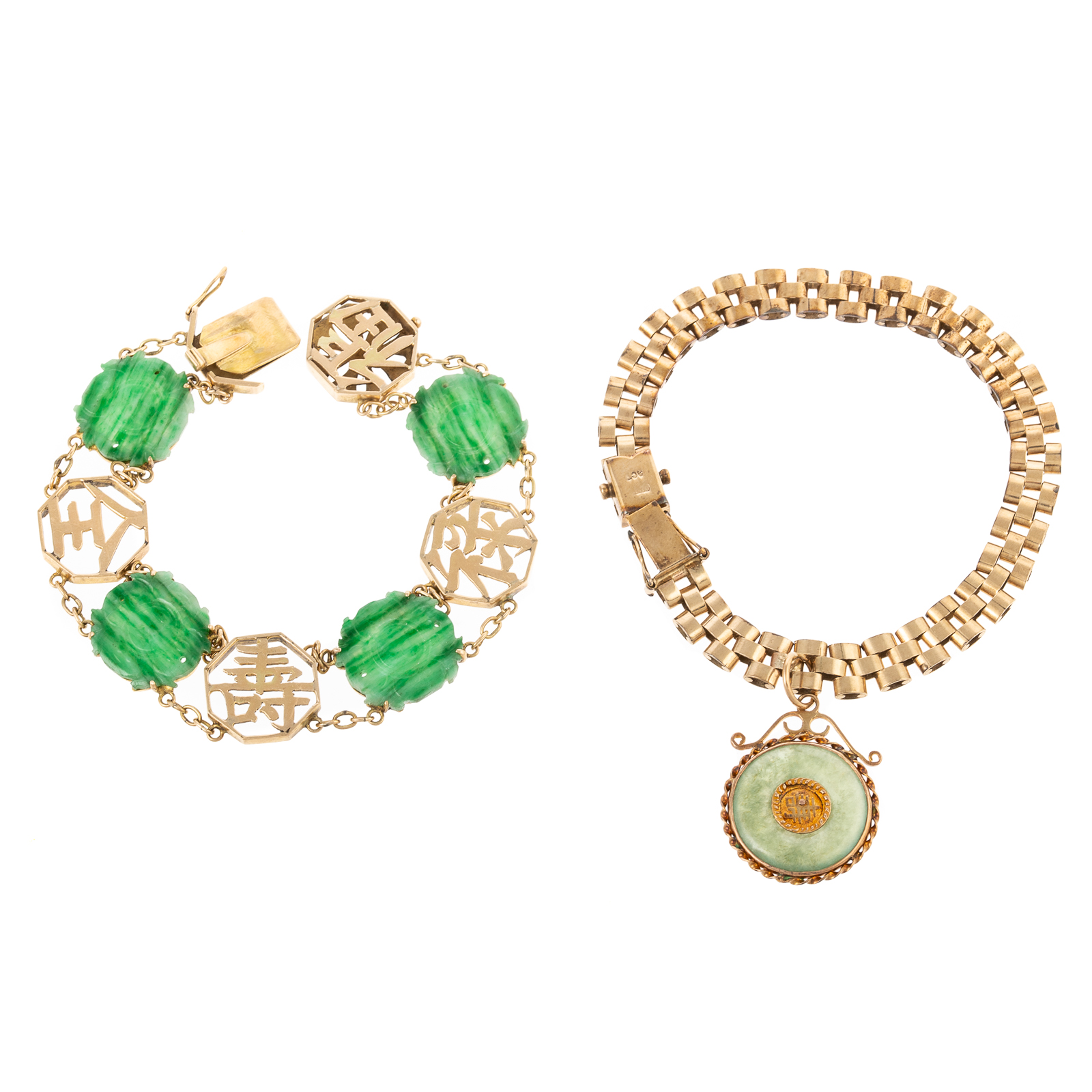 Appraisal: A DUO OF GOLD JADE BRACELETS K yellow gold bracelet