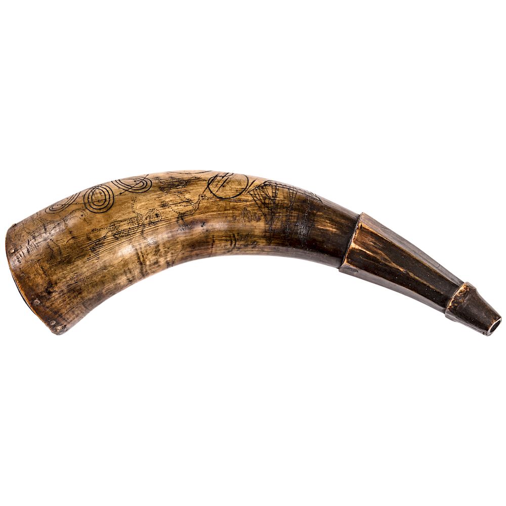 Appraisal: c - Decorative Hand-Engraved Powder Horn With Sailing Ship Designs