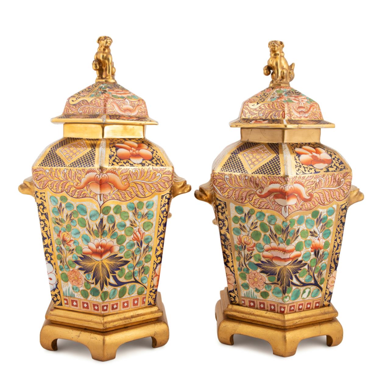 Appraisal: PAIR ENGLISH IMARI LIDDED URNS ON STANDS C Pair of