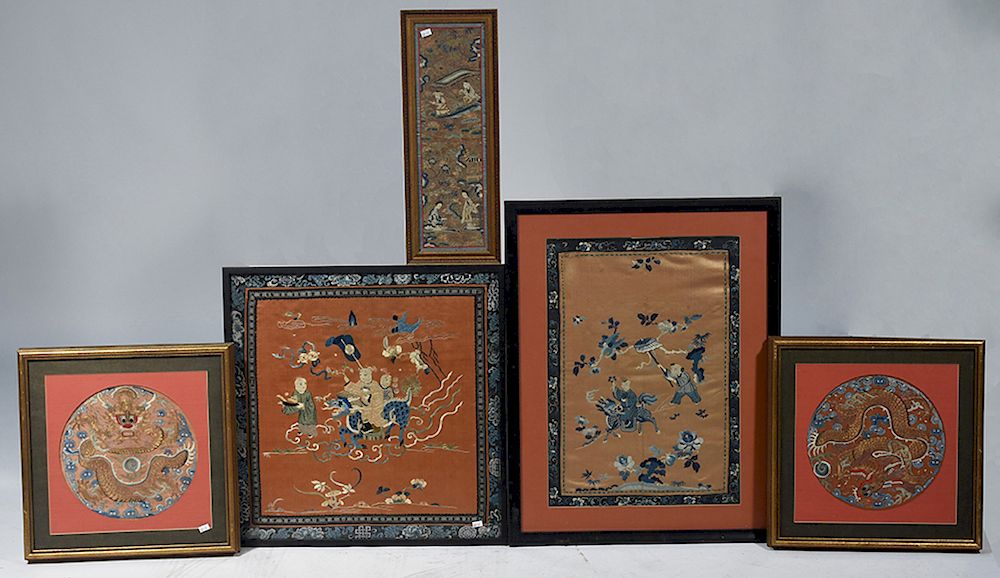 Appraisal: Five Chinese silk needlework panels Five Chinese silk needlework panels