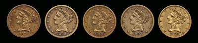 Appraisal: Five U S Liberty gold coins EF reddish toning scratches