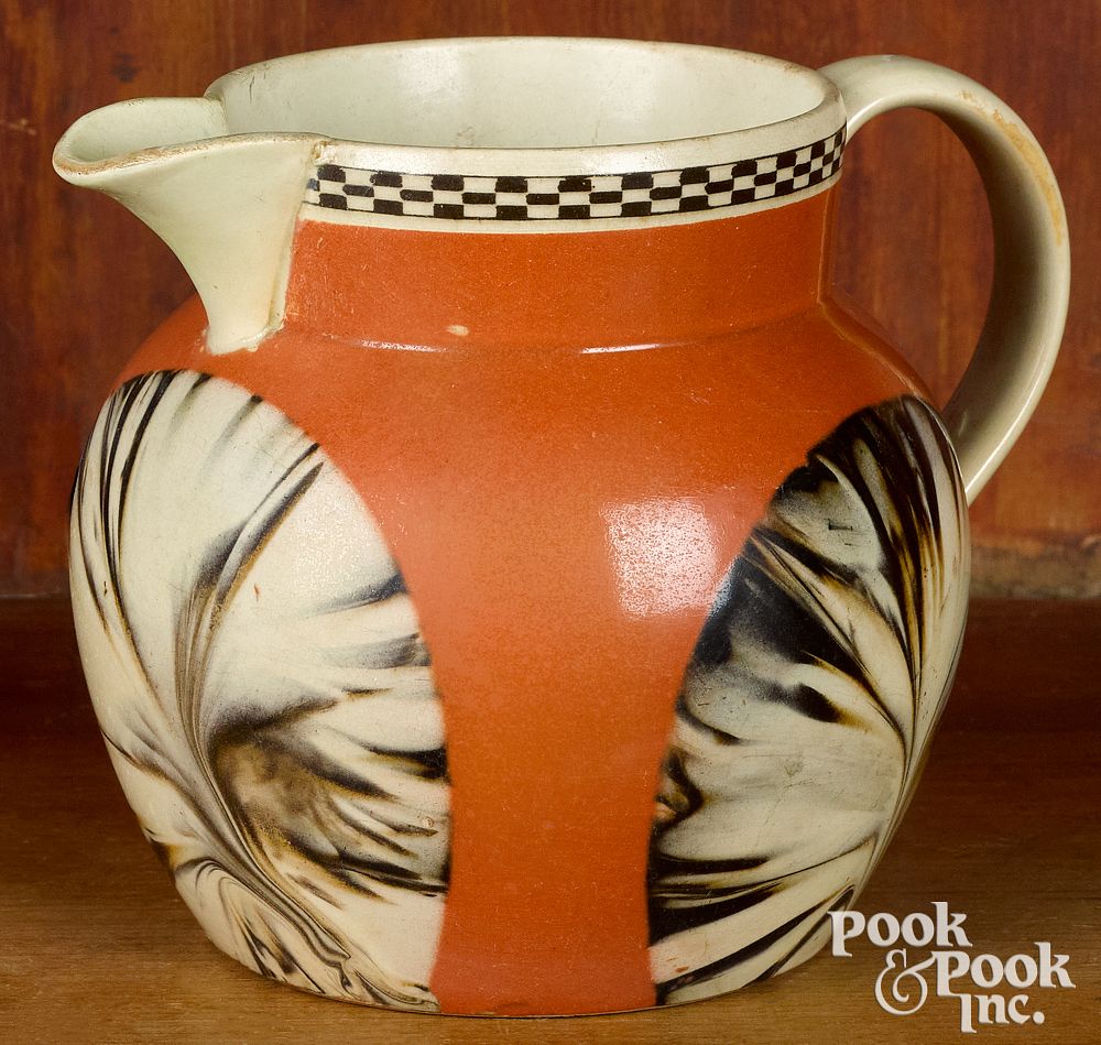 Appraisal: Mocha pitcher with fan decoration Mocha pitcher with fan decoration