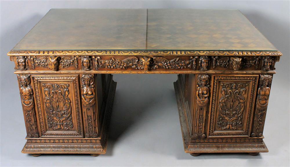 Appraisal: RENAISSANCE REVIVAL CARVED WALNUT PARTNERS DESK having a rectangular parquetry