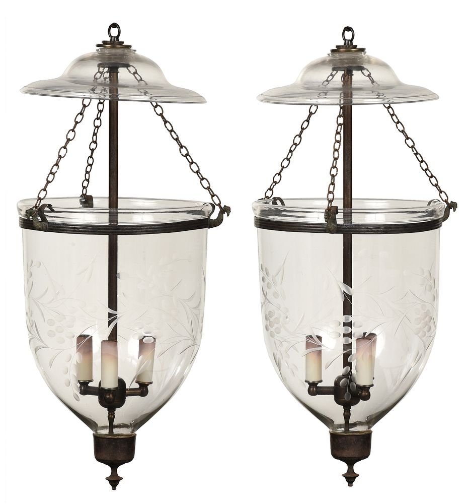 Appraisal: Near Pair Neoclassical Glass and Brass Hall Lanterns probably British