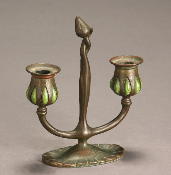 Appraisal: Tiffany Studios Bronze and Favrile Glass Two-Light Candelabrum First Quarter