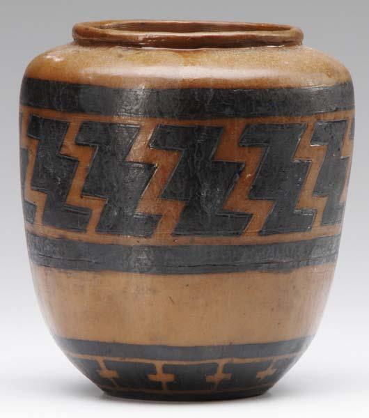 Appraisal: ARTHUR BAGGS Early vase incised with Native American pattern in