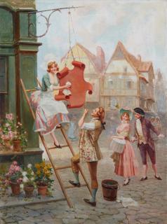 Appraisal: Alonso Perez Active - Spanish Street Scene of Woman Cleaning