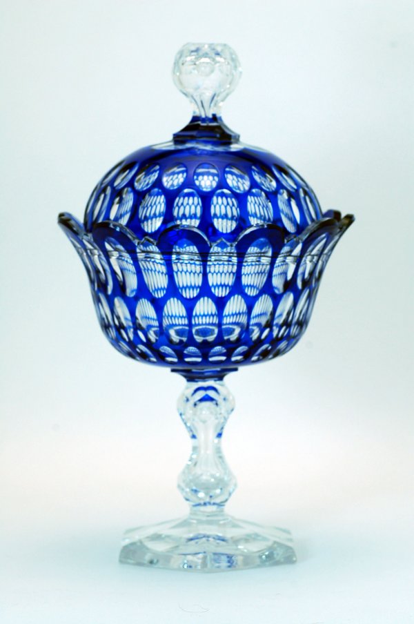 Appraisal: Bohemian cobalt cut overlay covered compote thumbprint design with flared