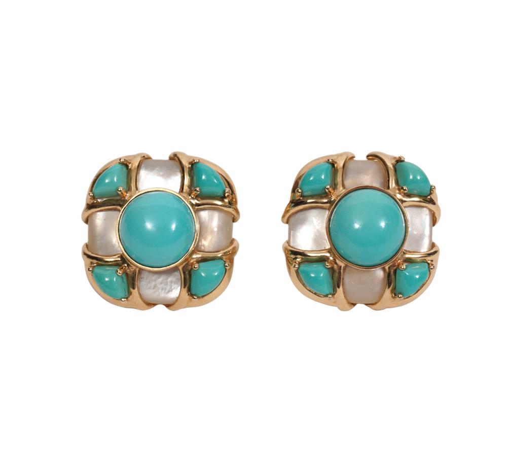 Appraisal: MAZ K YG TURQUOISE MOP OMEGA CLIP EARRINGS K yellow