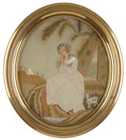 Appraisal: OVAL NEEDLEWORK AND WATERCOLOR PICTURE The oval picture scene shows