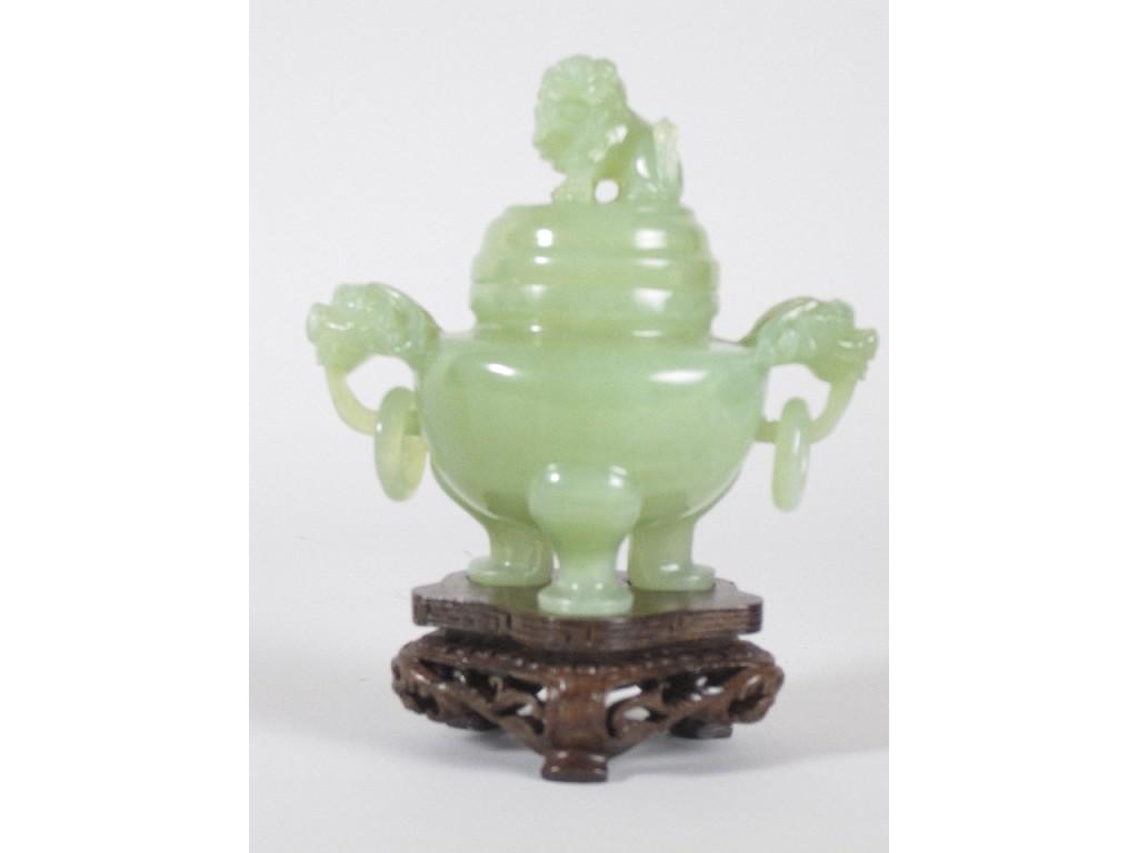 Appraisal: A jadeite type Bowl and Cover with lion finial on