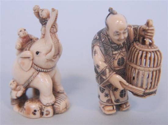 Appraisal: TWO ANTIQUE IVORY NETSUKES One bird seller the other an