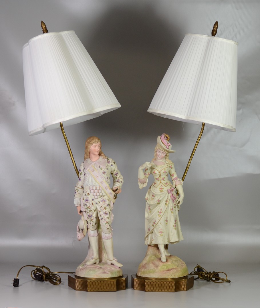 Appraisal: Rudolstadt bisque figurines mounted as lamps gentleman has damage to