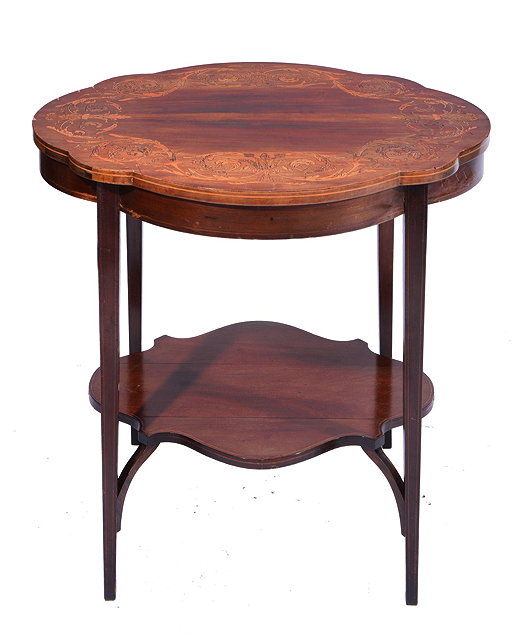 Appraisal: AN EDWARDIAN MAHOGANY AND SATINWOOD INLAID TWO TIER OCCASIONAL TABLE