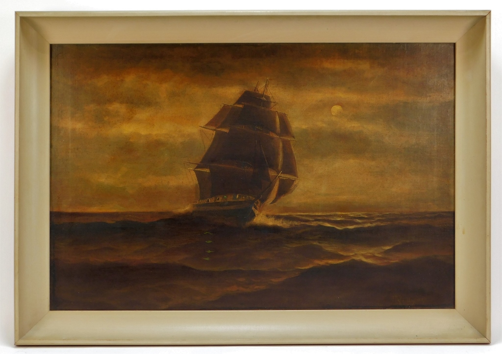 Appraisal: ILLUMINATED NOCTURNAL MARITIME PAINTING United StatesDated Depicts a monochromatic sailing